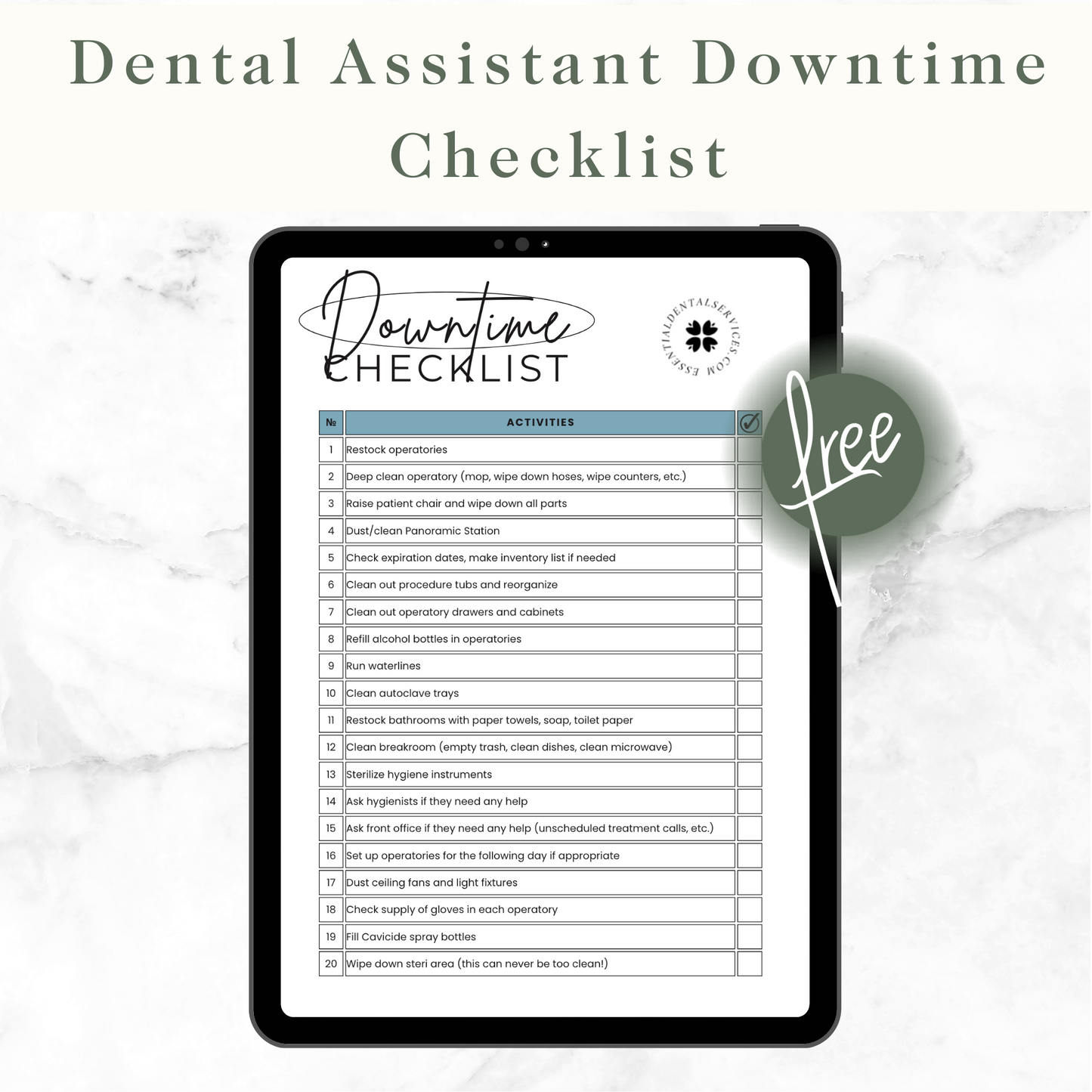 Dental Assistant Downtime Checklist