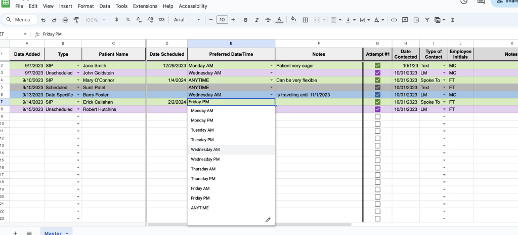 Appointment Cancellation Spreadsheet